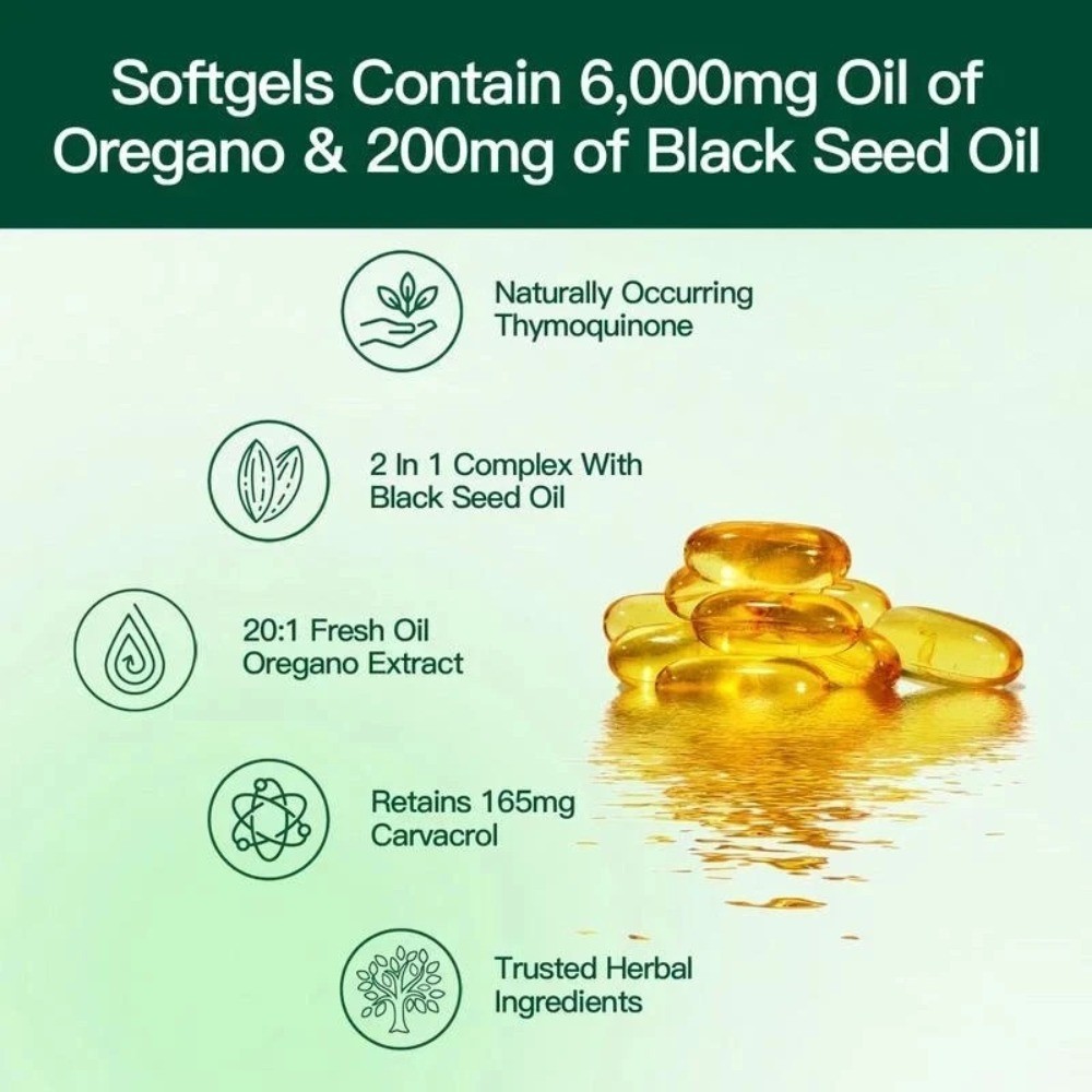 2-PCS Powerful Synergy:Oregano Oil 6200mg with Black Seed Oil.