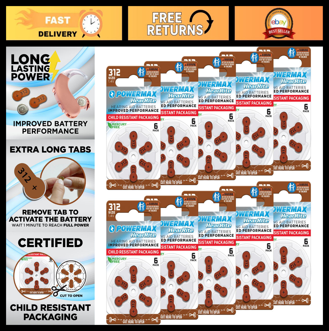 Long-Lasting Hearing Aid Batteries Size 312, 60 Count, Easy Change Brown Tabs