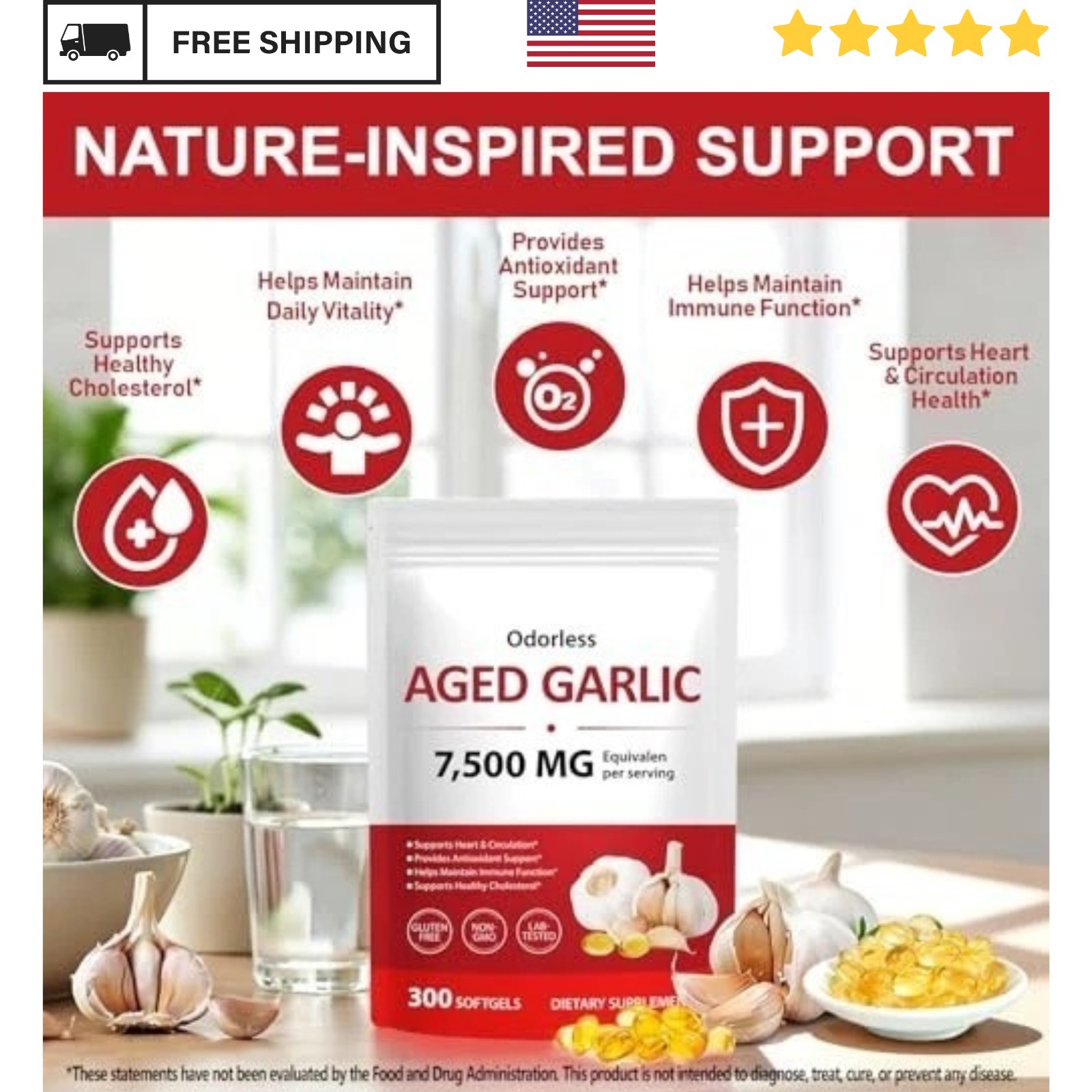 Aged Garlic Extract 7500mg Odorless Supplement Heart Immune Health 300 Softgels