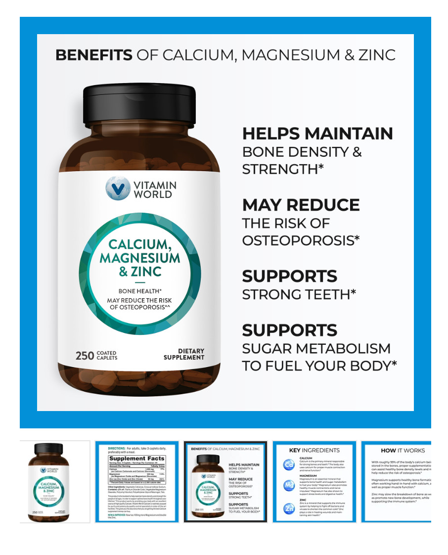 Vitamin World Calcium Magnesium & Zinc 250 caps Exp. 08/27