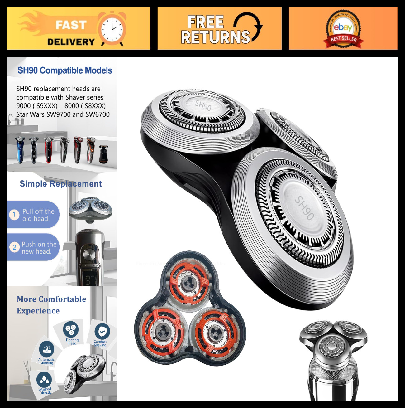 Replacement Shaver Heads for Philips Norelco 9000 S8000, Double-Layer Blades, RQ