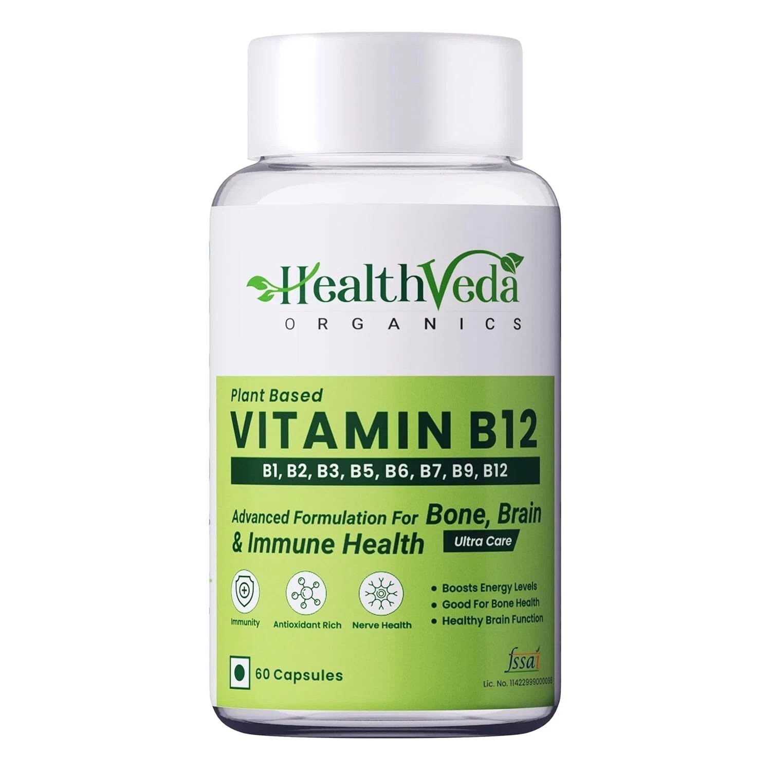 HEALTH VEDA Plant Based Vitamin B12 60 Veg Capsules, B1, B2, B3, B5, B6, B7, B9,
