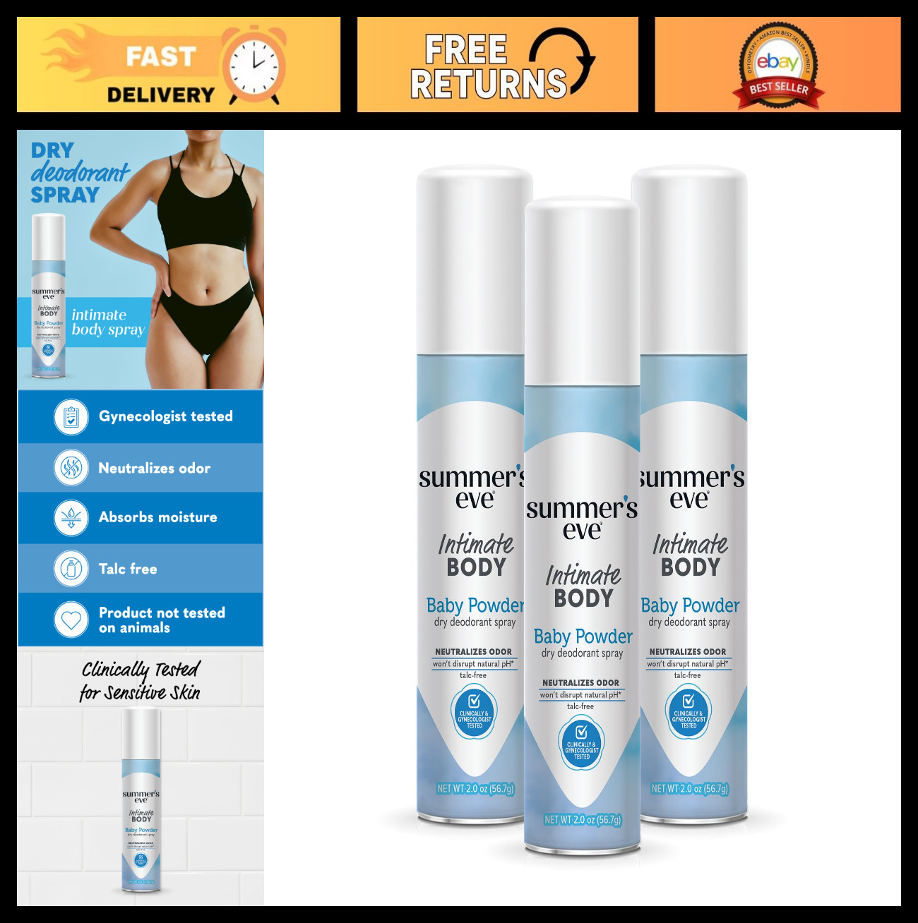 Gentle Talc-Free Feminine Spray, Odor-Neutralizing & Moisture-Absorbing, 3 Pack