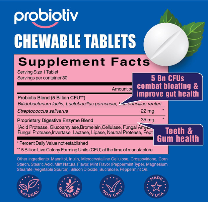 PROBIOTIV CHEWABLE PROBIOTICS FOR DAILY BLOATING W/ 5 BILLION CFU FOR GAS RELIEF