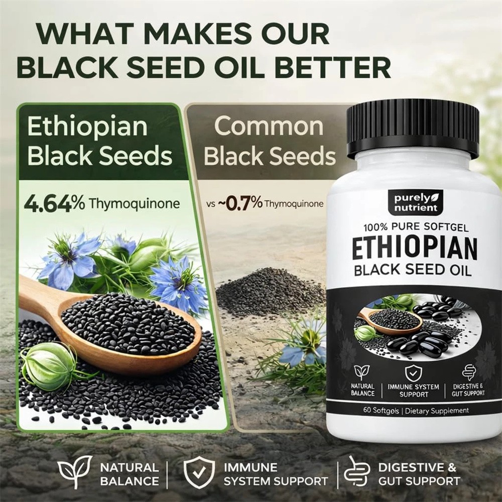 Ethiopian Black Seed Oil Softgels |4.64% Thymoquinone |Gluten-Free, 60 capsules