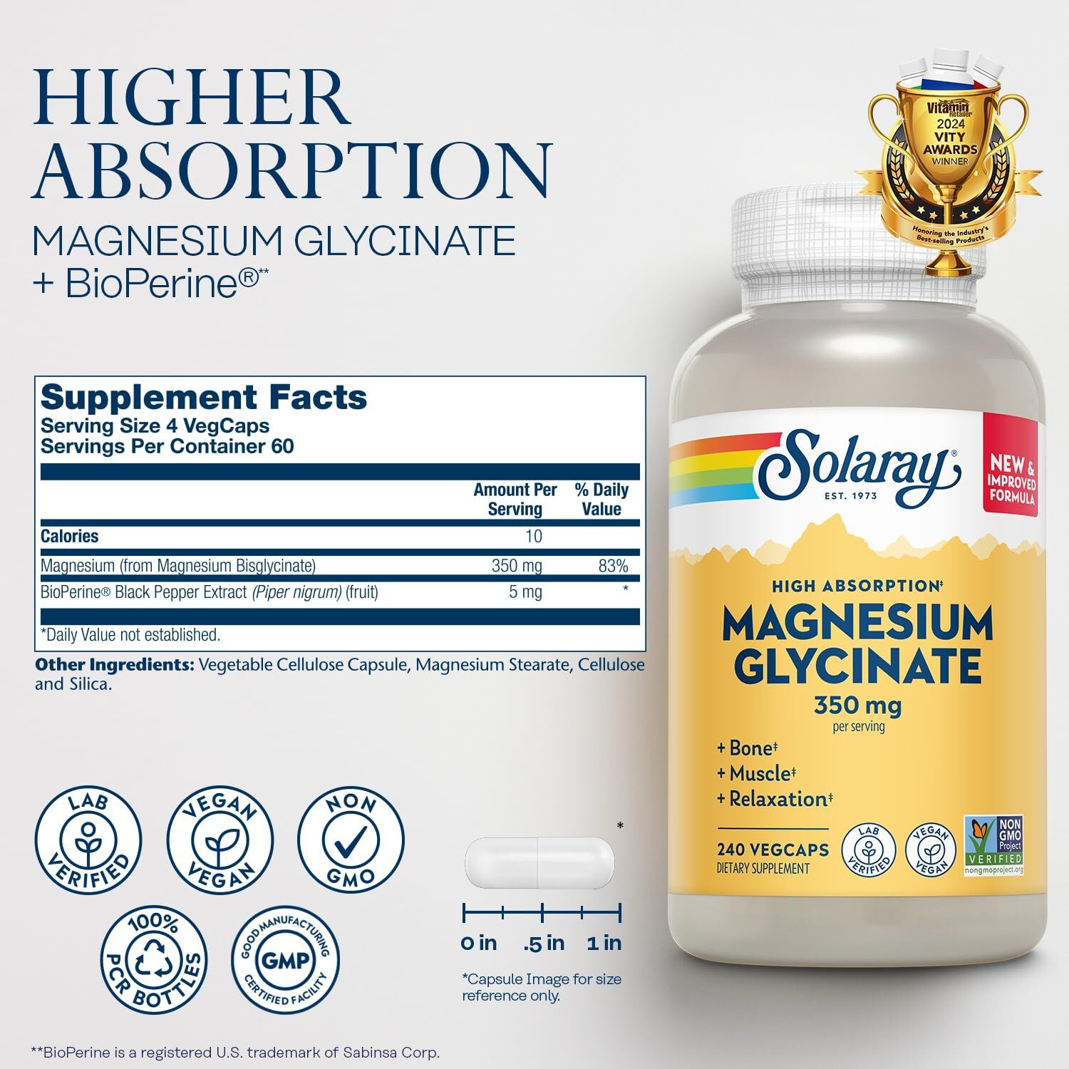 10/28 Solaray Magnesium Glycinate, New & Improved Fully Chelated Bisglycinate wi