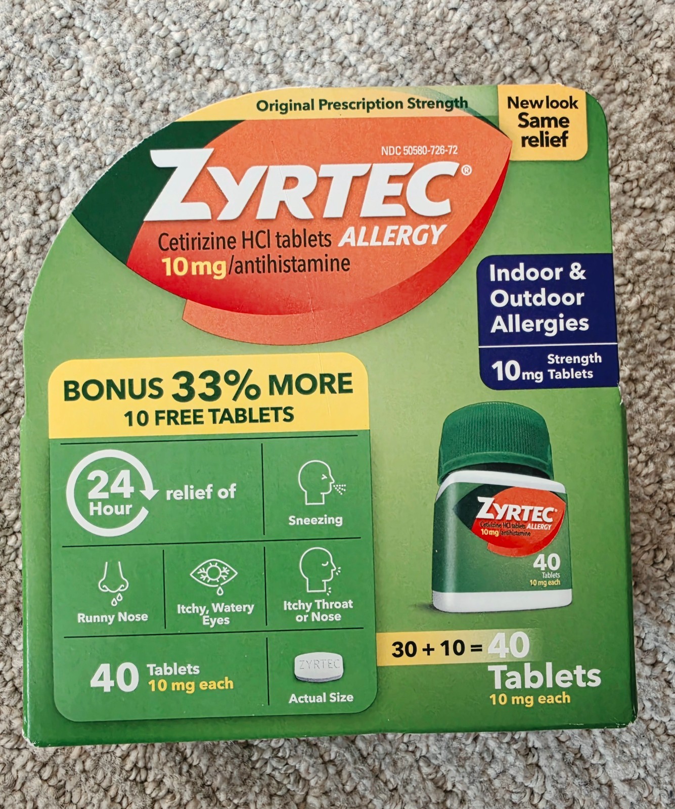 (Lot of 2 – 80 ct) Zyrtec Allergy Relief 10mg Tab 40/ct EXP 05/2028, 11/2027