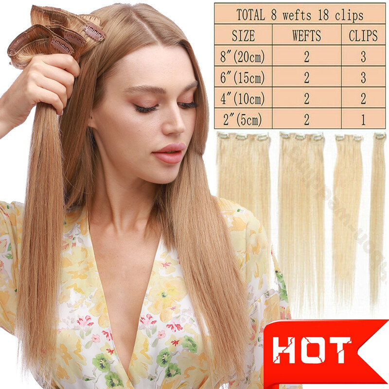 Clip In 100% Real Hair Extensions Remy Human Hair Full Head 8 PIECES 18CLIPS SUA