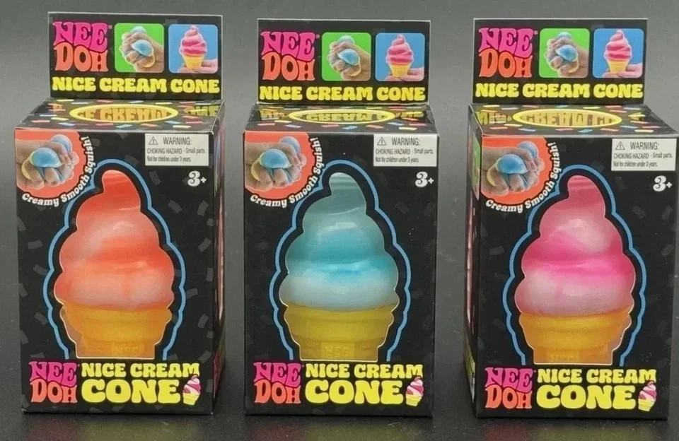 NeeDoh Nice ice Cream Cone Blue Orange Pink Ice Cream Squishy Nee Doh Box