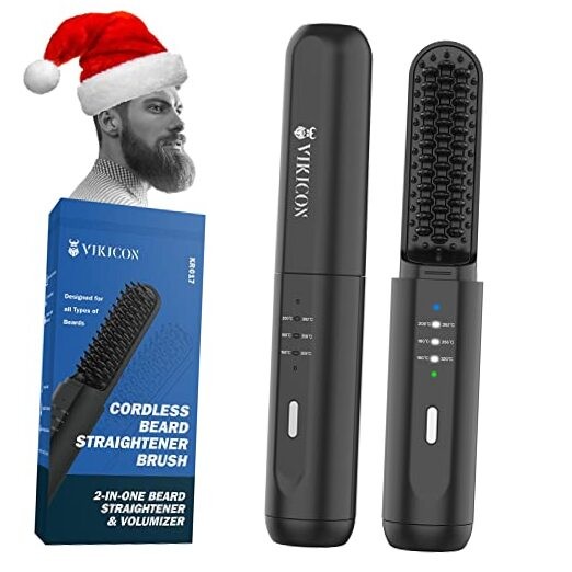 Beard Straightener for Men: Cordless Heated Beard Brush for Men, Black