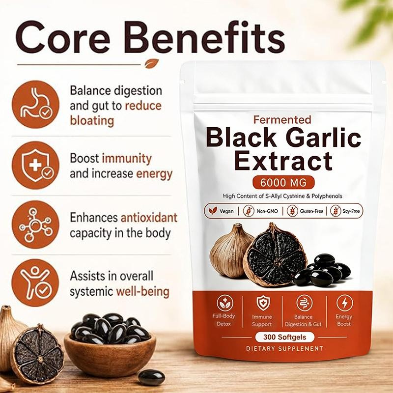 Black Garlic Extract Softgels 300ct, Odorless Vegan Non-GMO Supplement