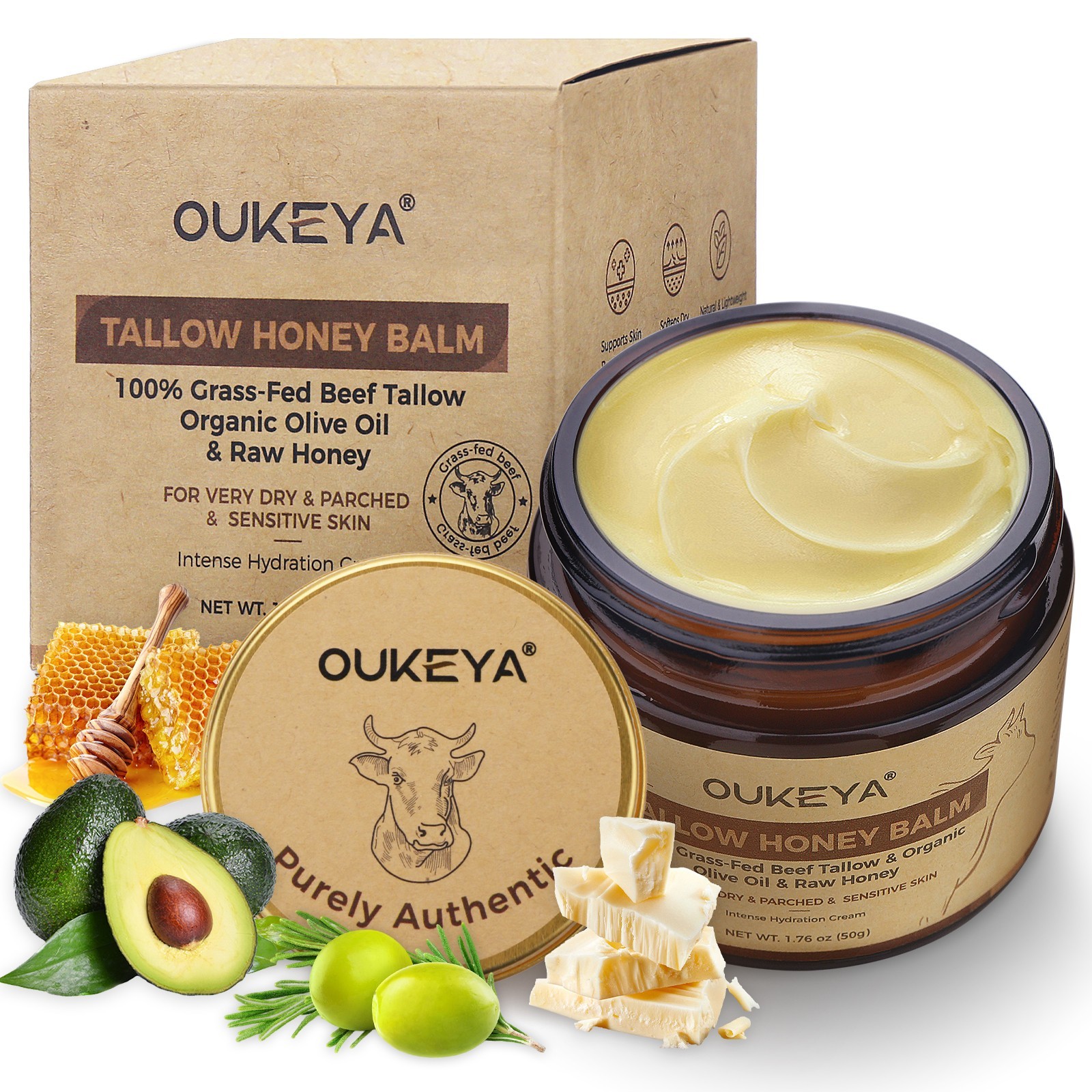 OUKEYA Organic Grass-Fed Beef Tallow Balm with Raw Honey Skin Moisturizer 50g