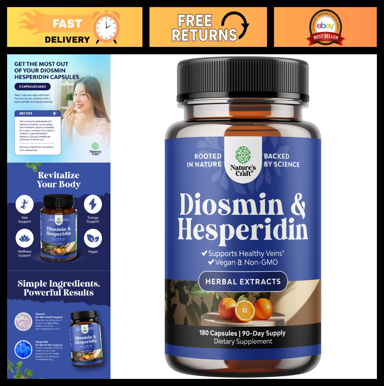 Diosmin Hesperidin 1000mg Complex for Vein Support – Vegan, Non-GMO, Gluten-Free