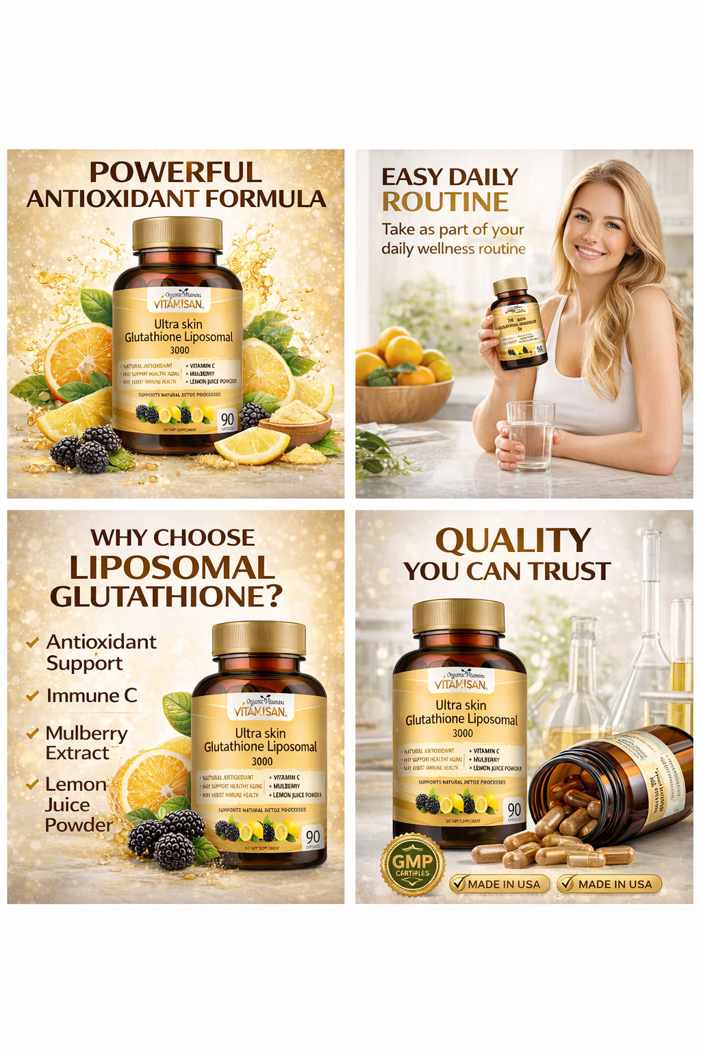 3 Pack Liposomal Glutathione 3000mg + Vitamin C Antioxidant 270 Caps