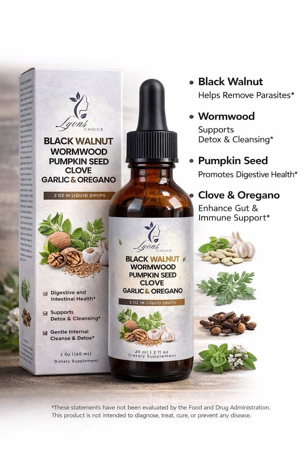 Black Walnut, Wormwood, Clove, Pumpkin Seed, Garlic, Oregano parasite cleanse