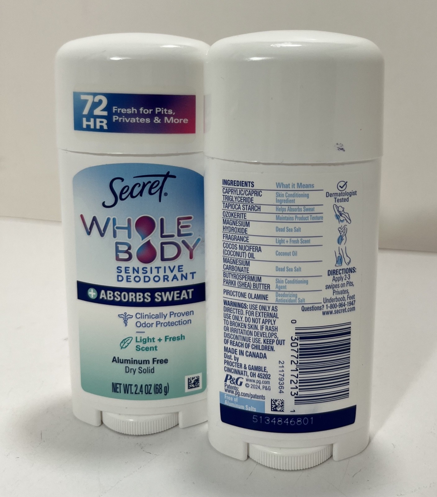 2x Secret WHOLE BODY Sensitive Deodorant LIGHT+FRESH Scent, 2.4oz each – New