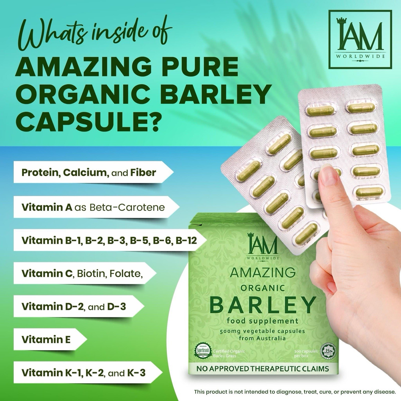 I AM Amazing Pure Organic Barley Capsule 1 Box