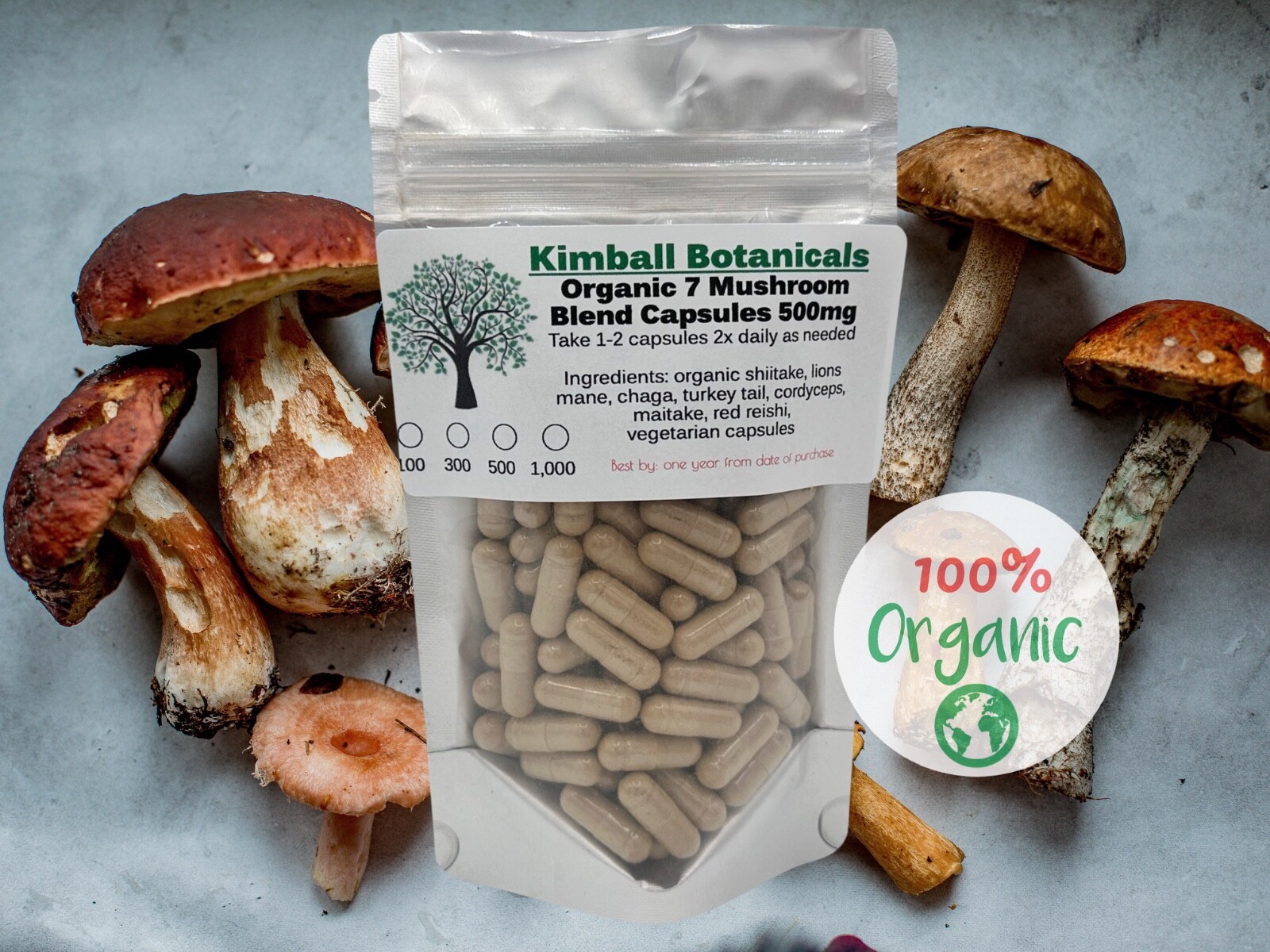 USDA Certified Organic 7 Mushroom Blend, 500mg vegetarian capsules