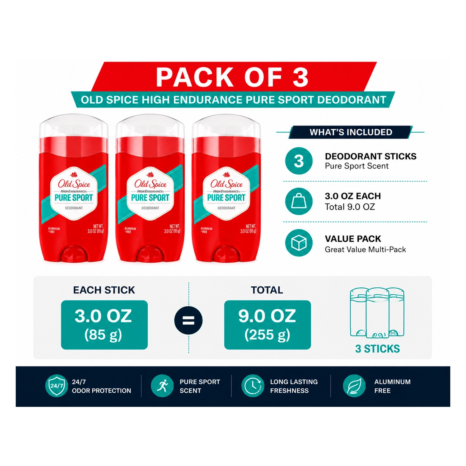 Old Spice High Endurance Pure Sport Deodorant for Men 3 Pack 3.0 oz Each