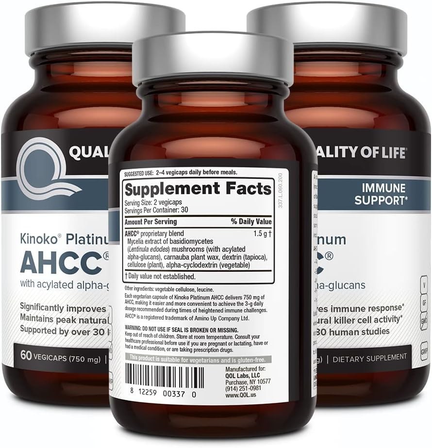 3Pack Quality of Life Labs, Kinoko Platinum AHCC, Immune Support, 750 mg,60 caps