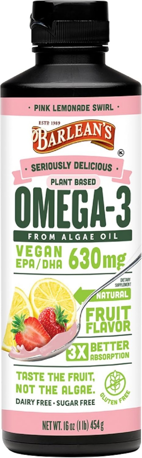 Liquid Algae Omega 3 in Pink Lemonade Flavor – 16 oz Heart Health Support