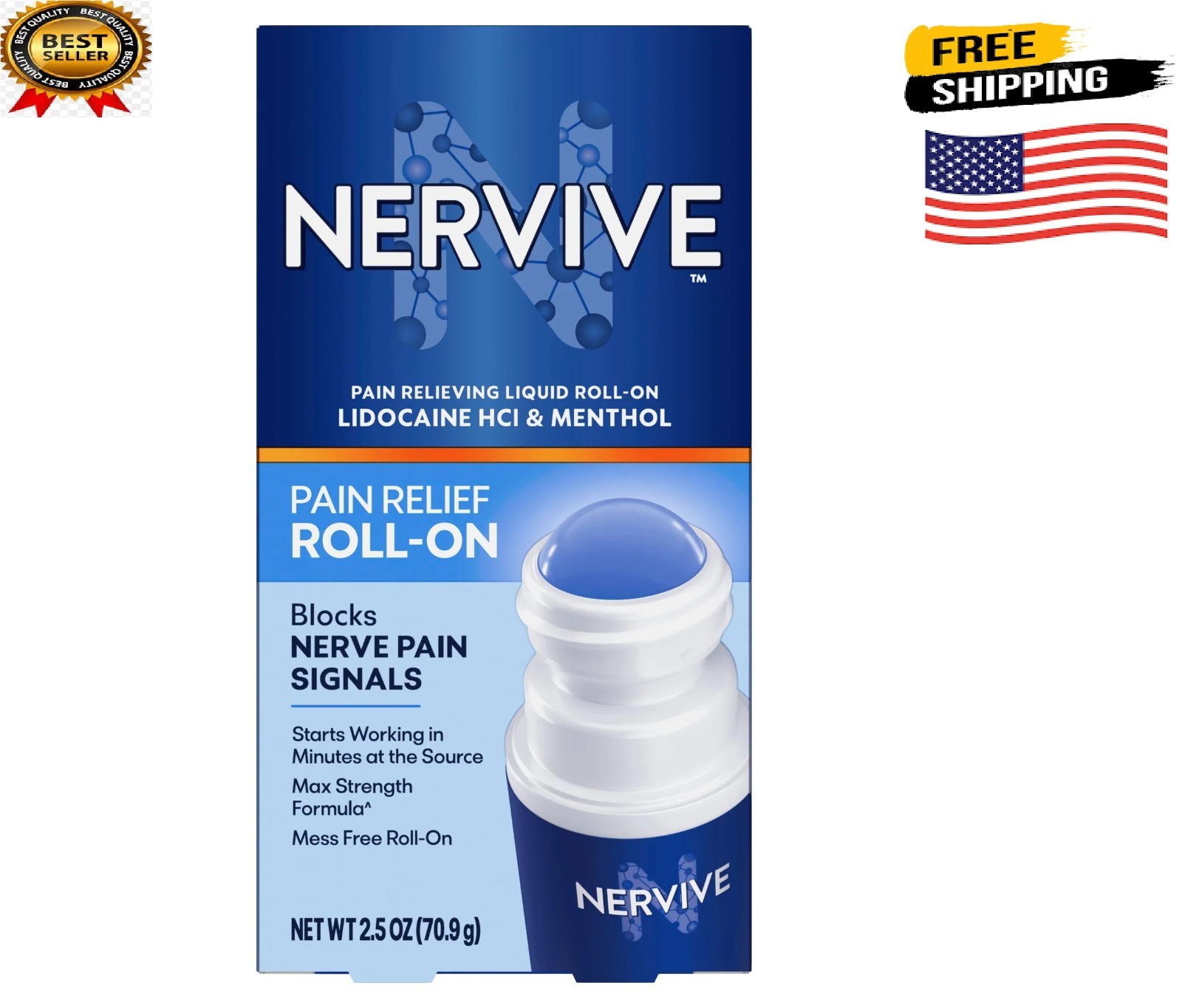 Nervive Pain Relieving Roll On, Max Strength Topical Pain Relief, 2.5 oz