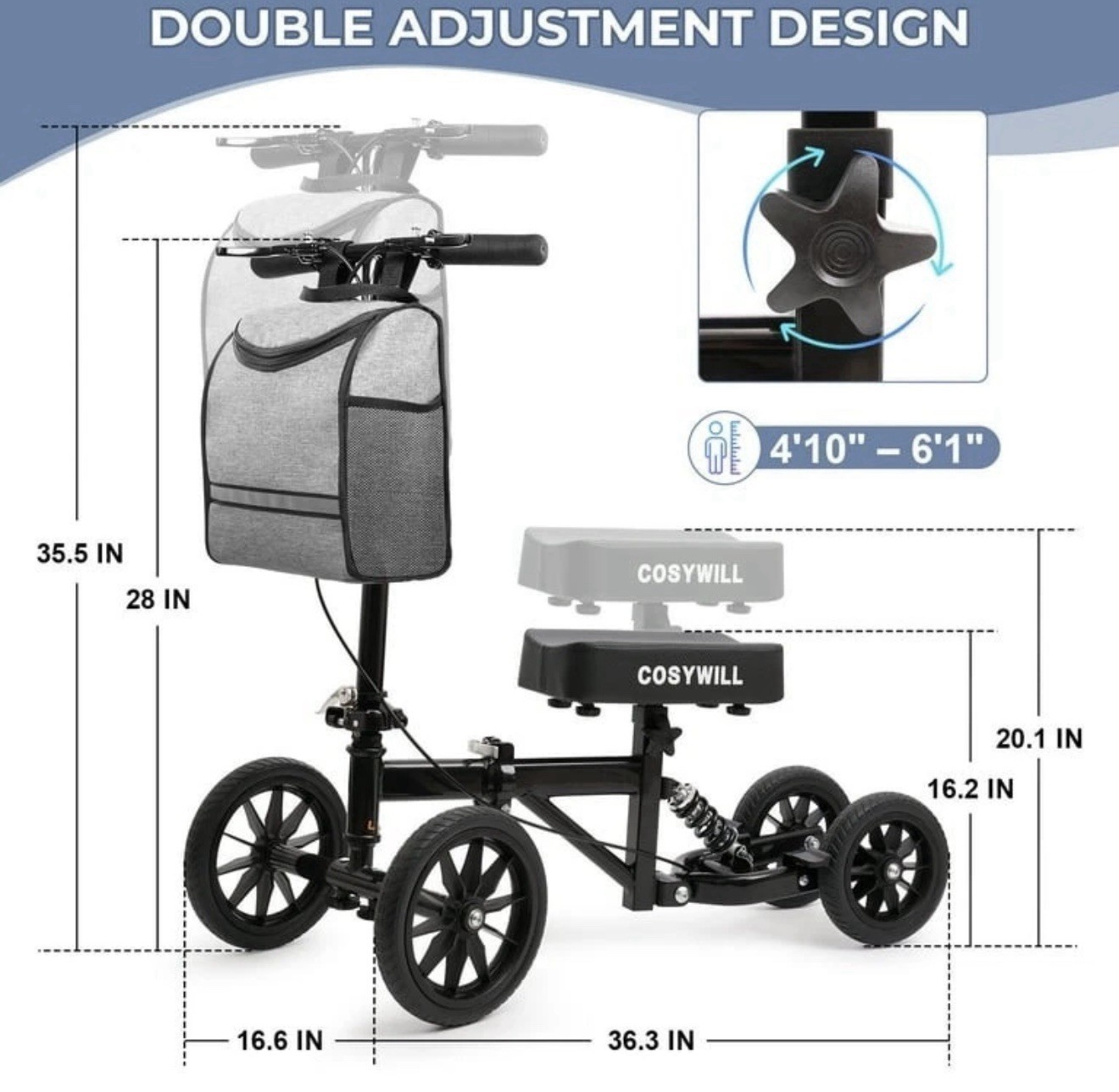 COSYWILL HCT-9154 4-Wheel Foldable Knee Walker Scooter w/ Bag 300 lb