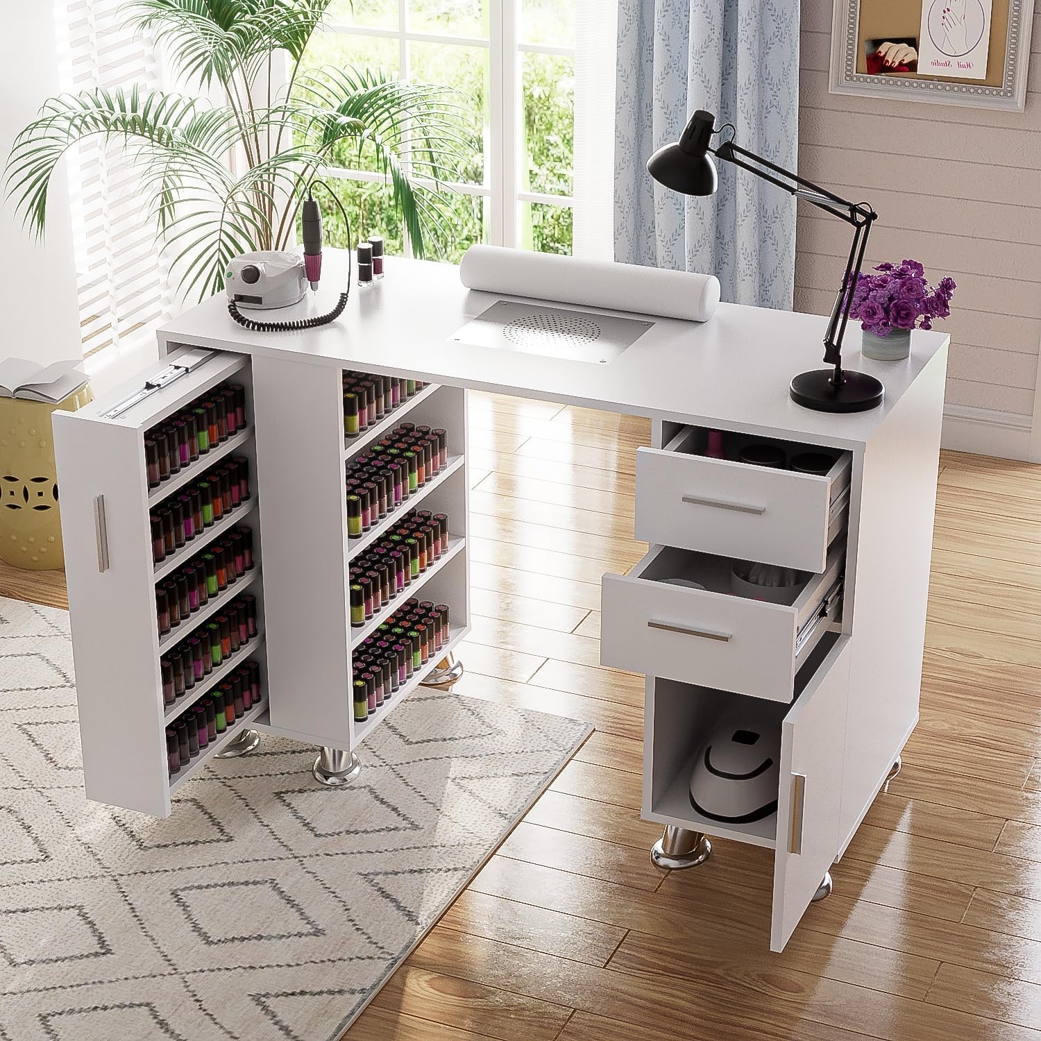 Nail Desk Manicure Table Station With Dust Collector, Shelf, Drawer, Cabinet