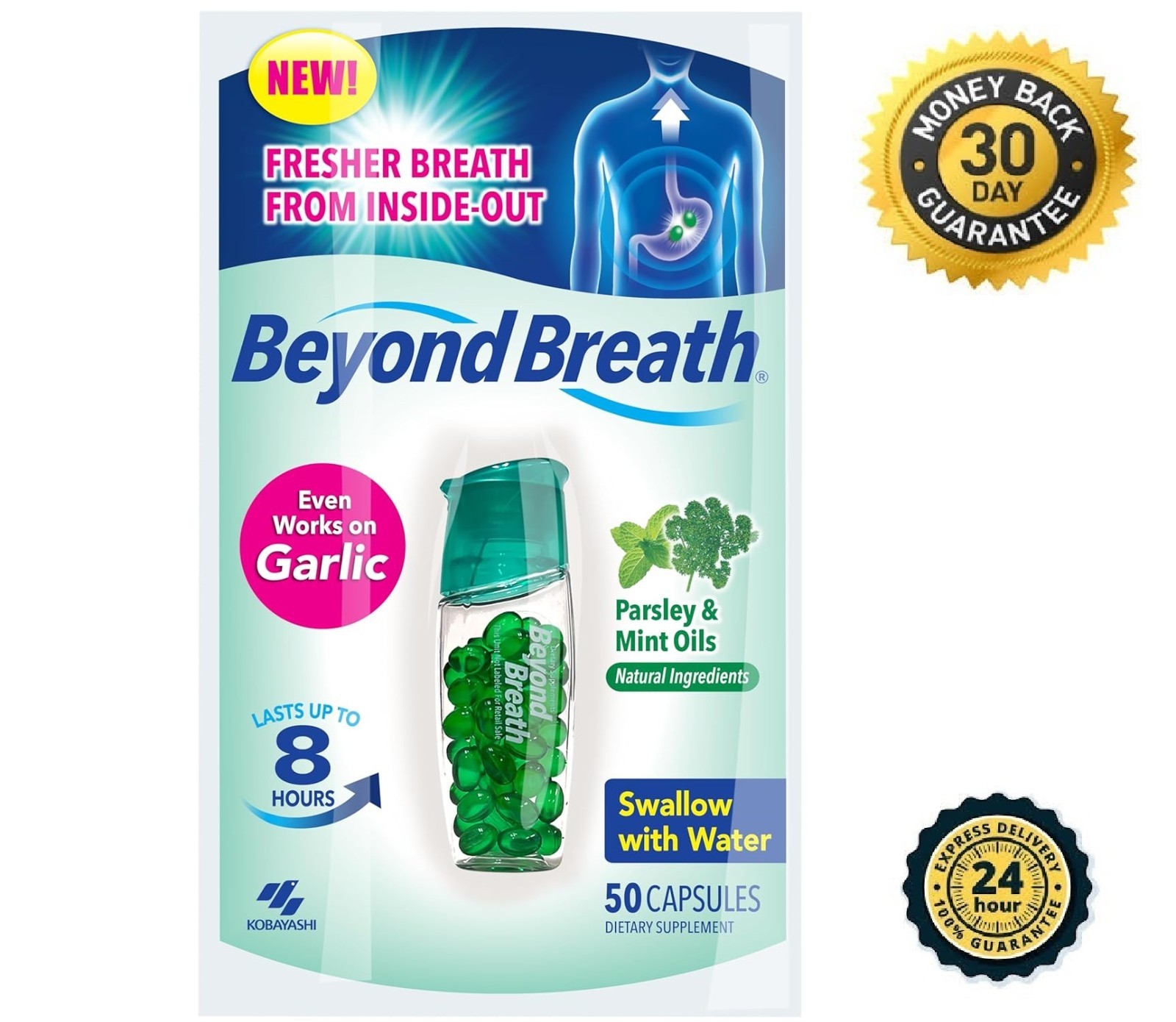 Breath Freshening Capsules, Works on Garlic Bad Breath, Lasts 8 Hours, 50 Caps