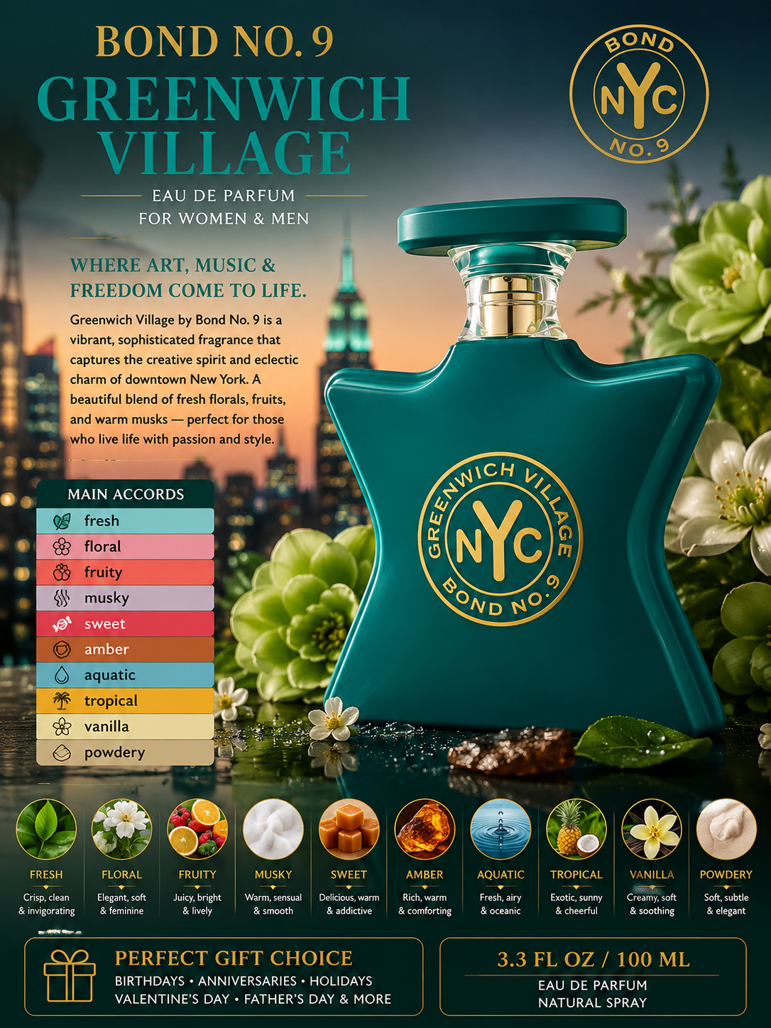 BOND NO. 9 GREENWICH VILLAGE UNISEX FRAGRANCE EDP SPRAY 3.3 OZ 100ML NEW IN BOX