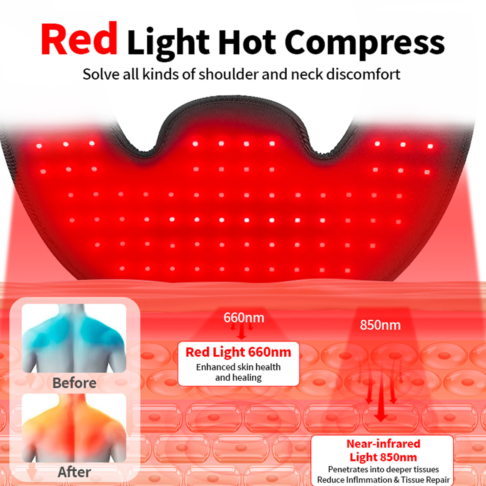Red Light Therapy for Shoulder Neck 660&850nm Wearable Light Therapy Pad