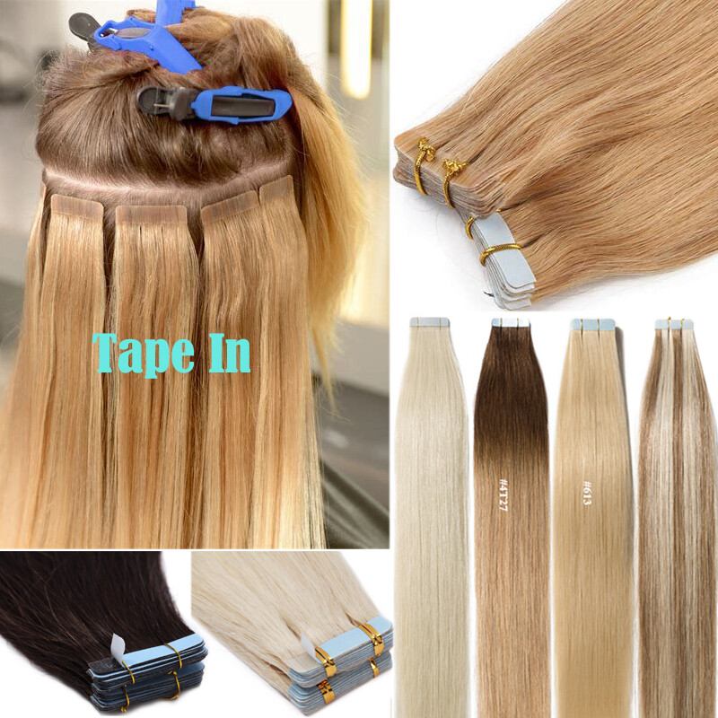 12-24inch Tape In Real Remy Human Hair Extensions Black Brown Blonde Ombre 20pcs