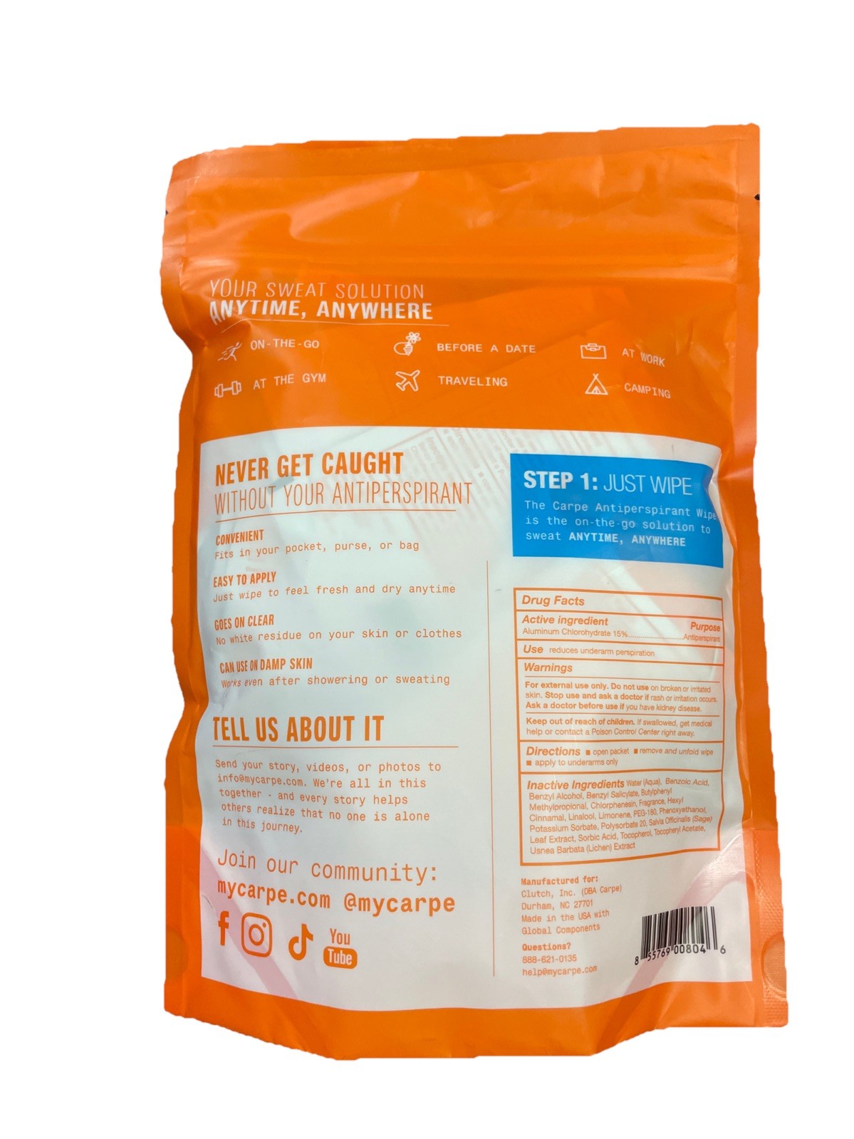 Carpe On The Go Antiperspirant Underarm Wipes 15 7in x 9in Individual Packages