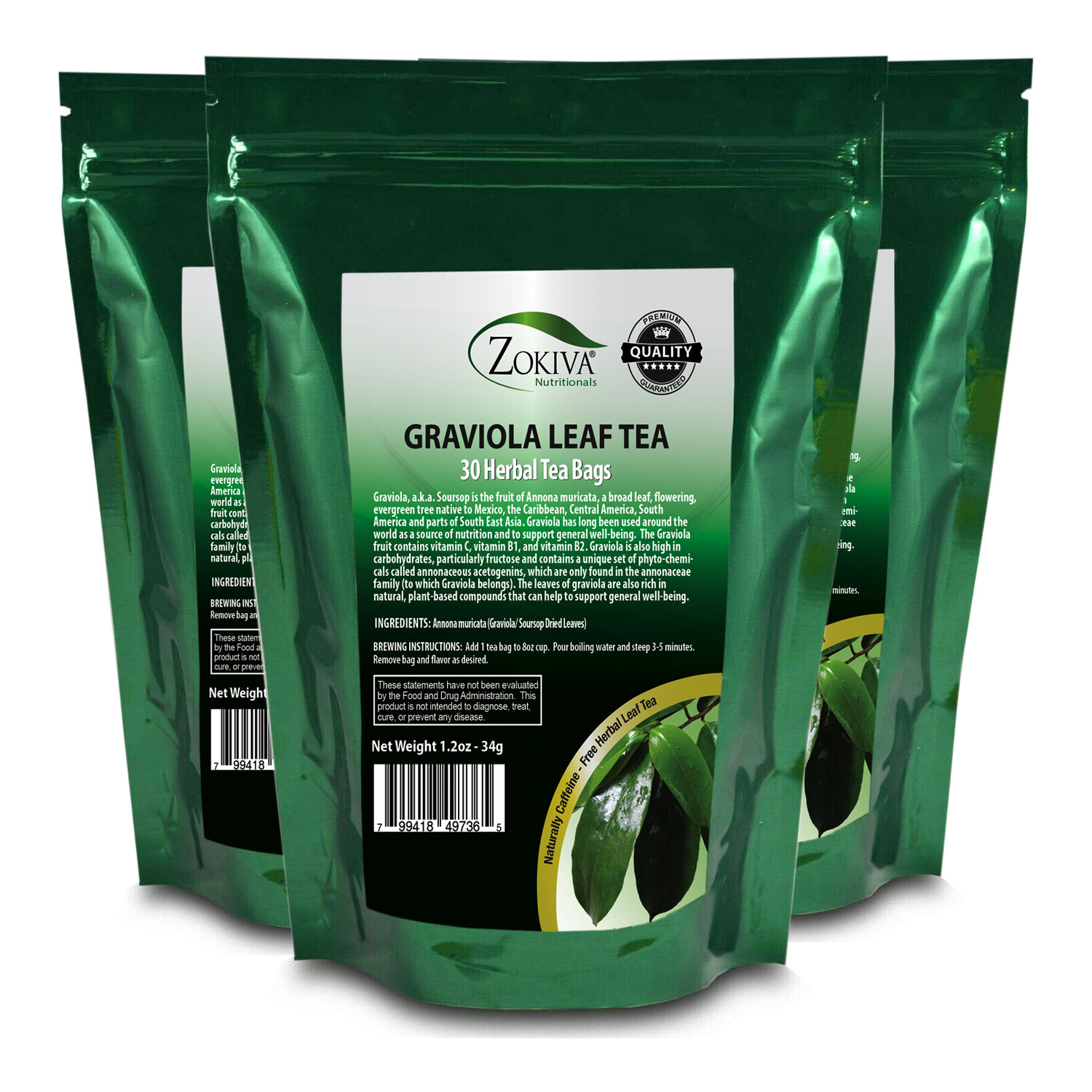 Graviola Tea Bags 3-Pack (90) 100% Pure Leaf Soursop – Annona muricata – Guanaba