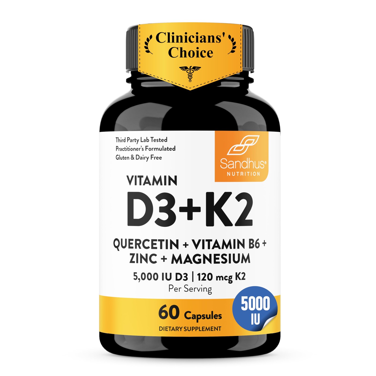 Sandhu’s Vitamin D3 K2 Magnesium 5000 IU, 120mcg 60 Count (Pack of 1)