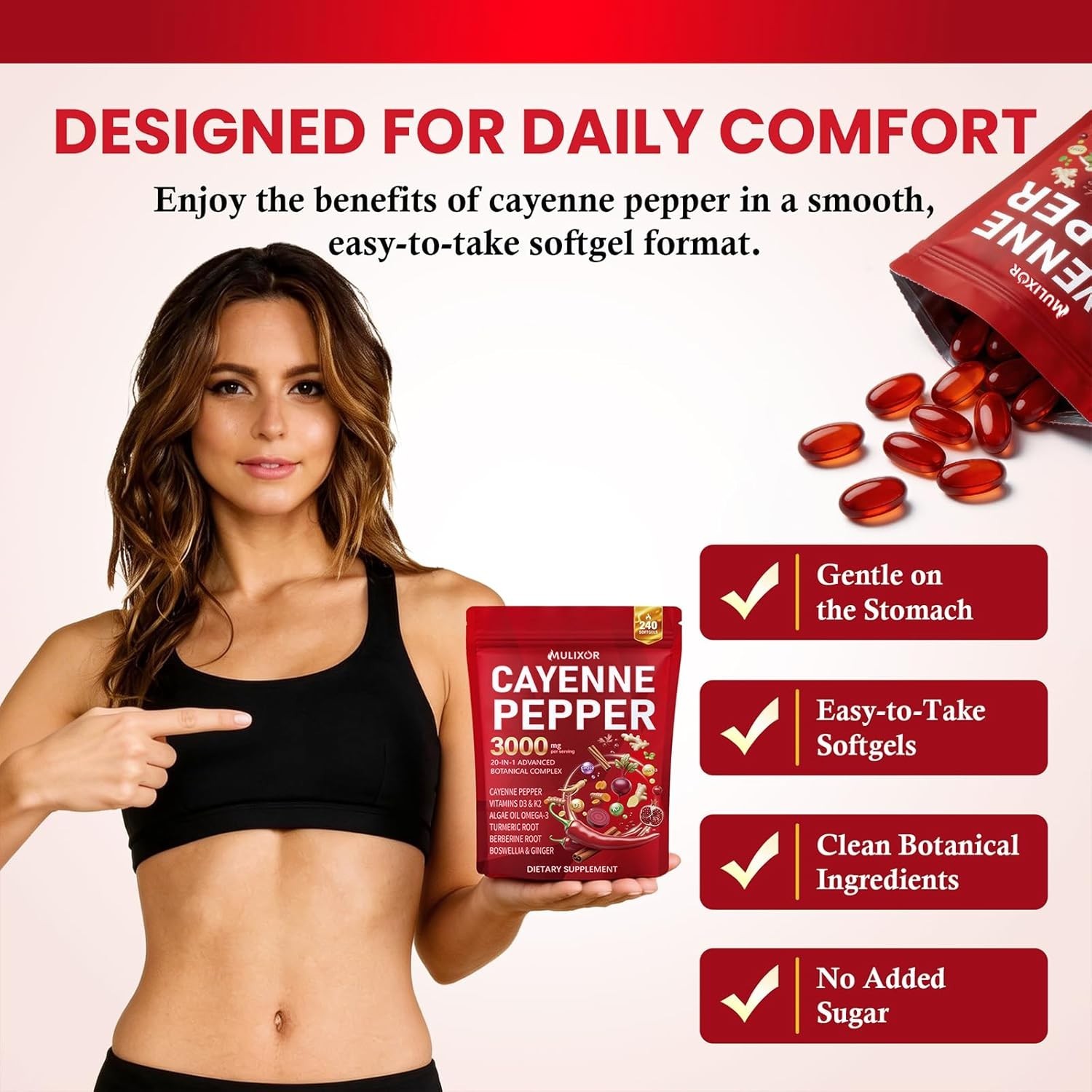 Gluten-Free Cayenne Pepper Softgels – 20-in-1 Metabolism & Circulation Support