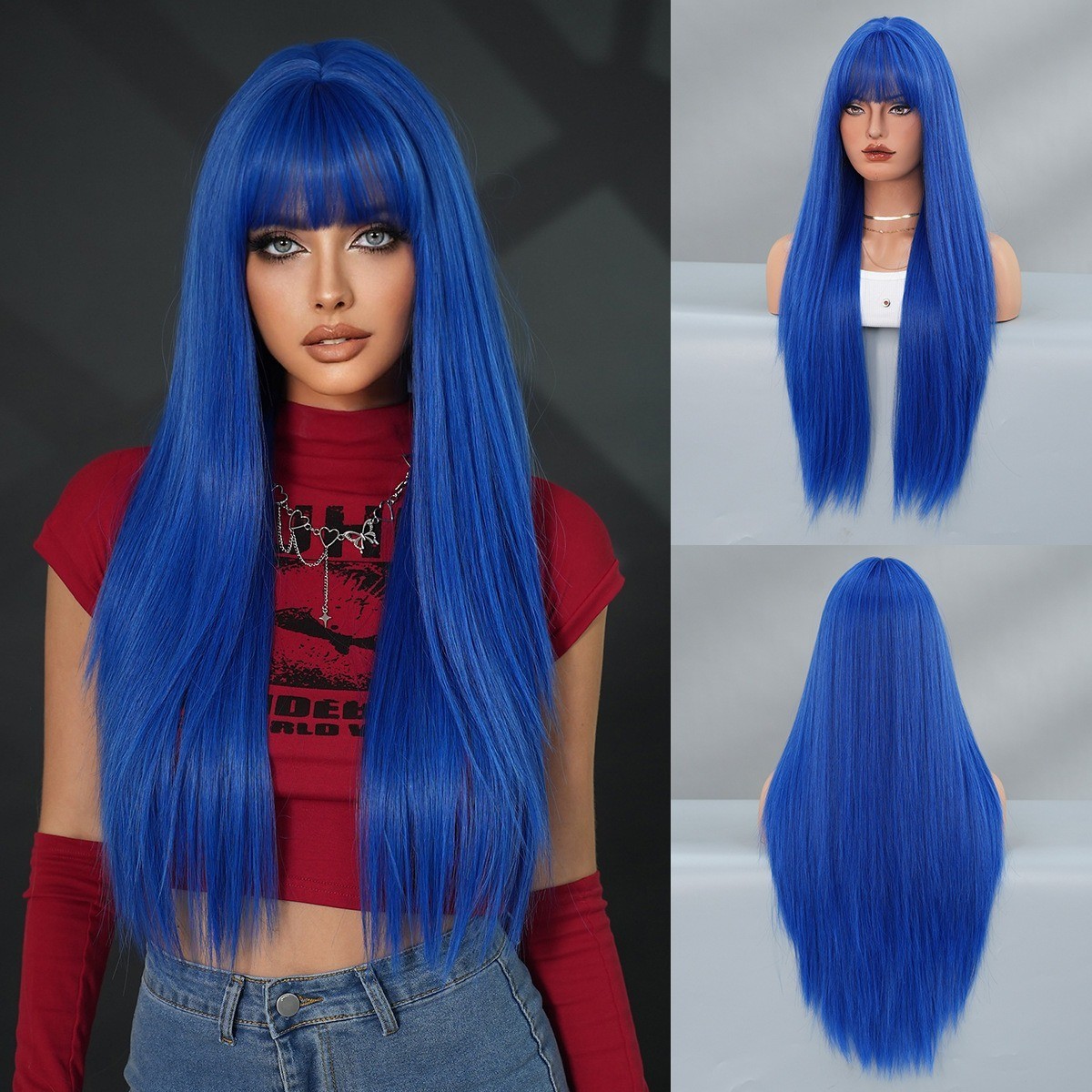 One-size-fits-all ultra-long straight hair 28in wig with female side-swept bangs