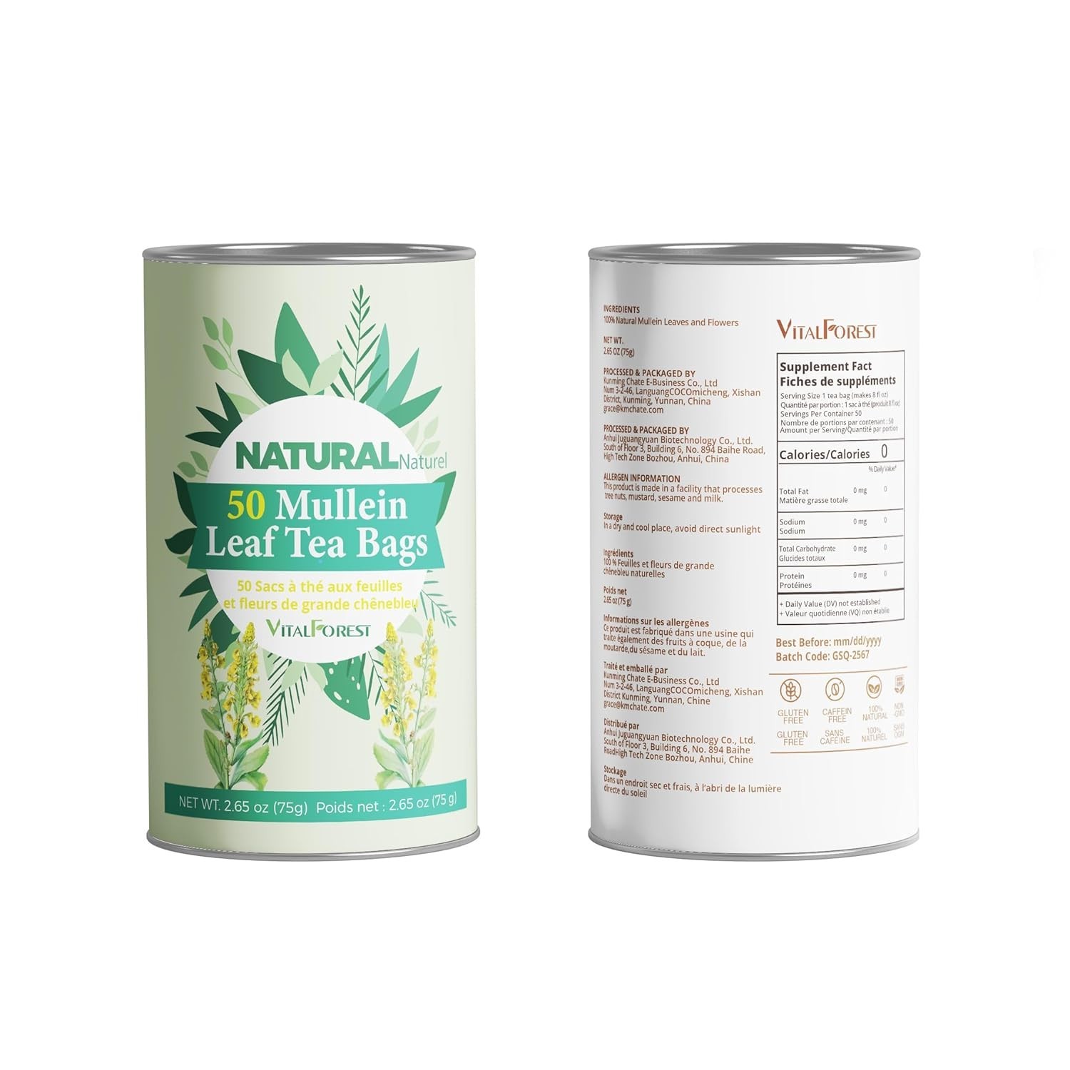 50 Mullein Tea Bags for Lungs, VitalForest 100% Pure Mullein Leave Tea.