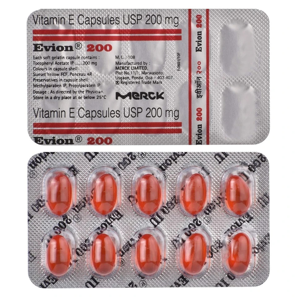 Evion 200 mg Vitamin E Capsules 50 Pcs For Face Hair Acne Nails by MERCK