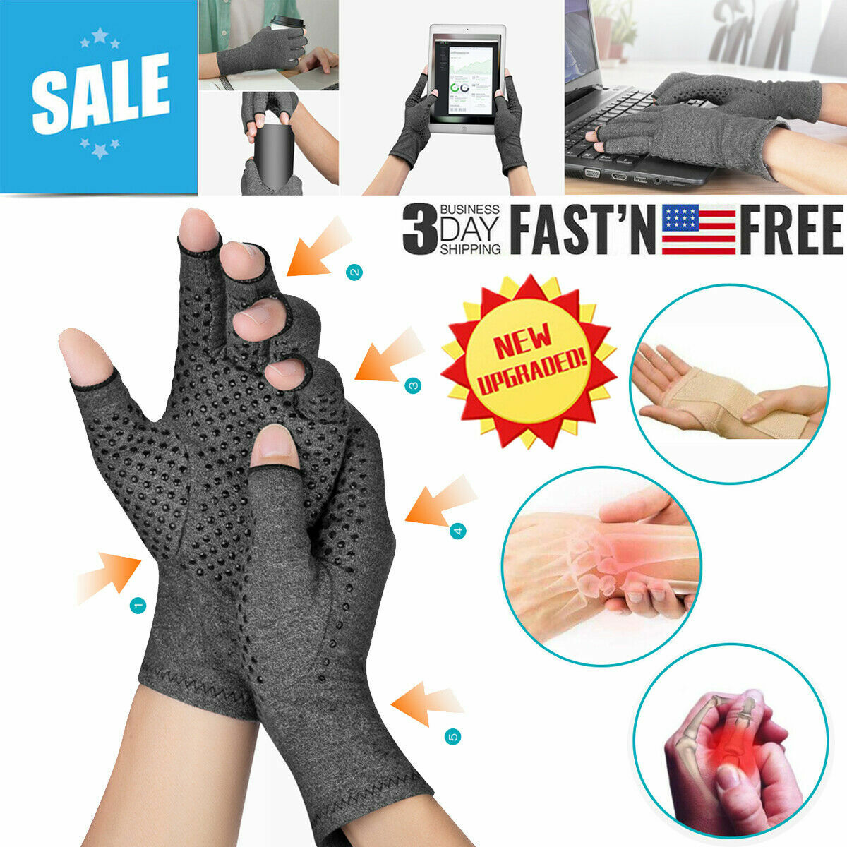 Copper Compression Gloves Medical Arthritis Pain Relief Hand Support Brace USA
