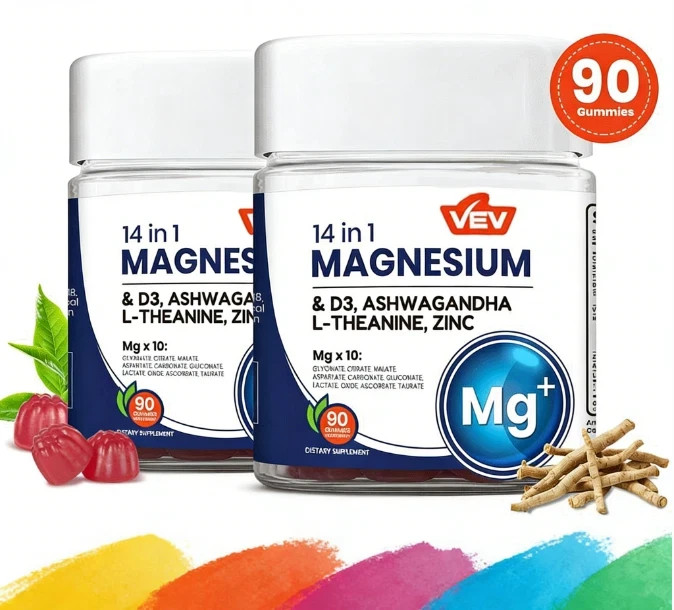 VEV 14-in-1 Magnesium Gummies – 10 Mg Types + D3, Ashwagandha – 90 Ct (2-Pack)