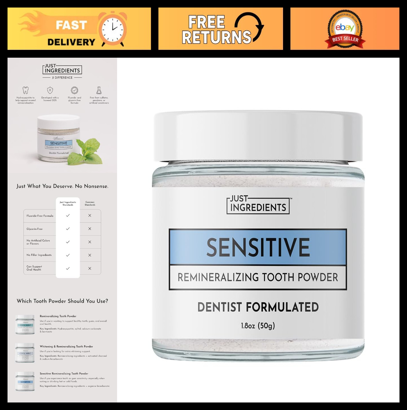 Fluoride-Free Remineralizing Tooth Powder – Whitens Teeth, Freshens Breath, Vega