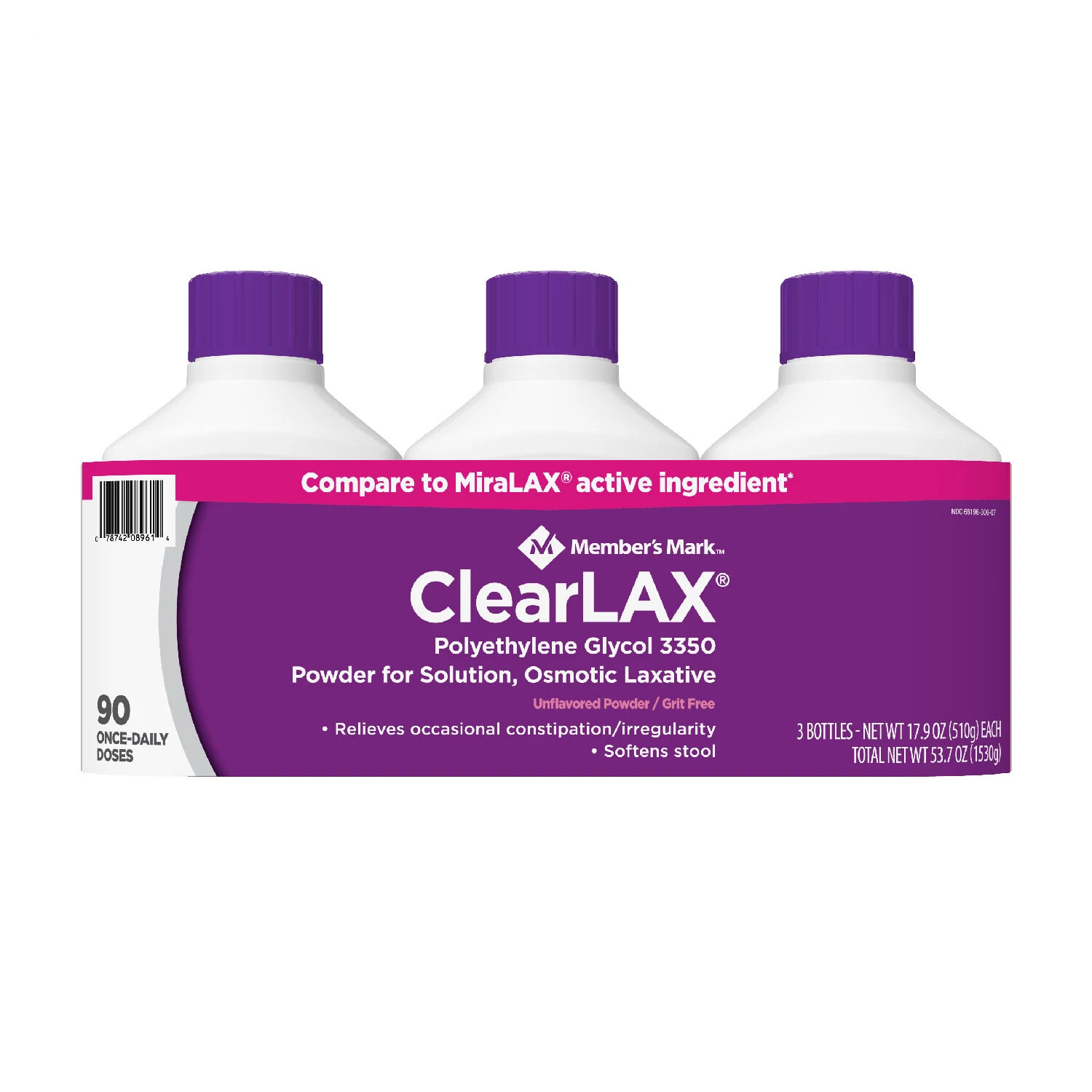 Member’s Mark ClearLAX Polyethylene Glycol 3350 Powder (17.9 oz., 3 pk.)