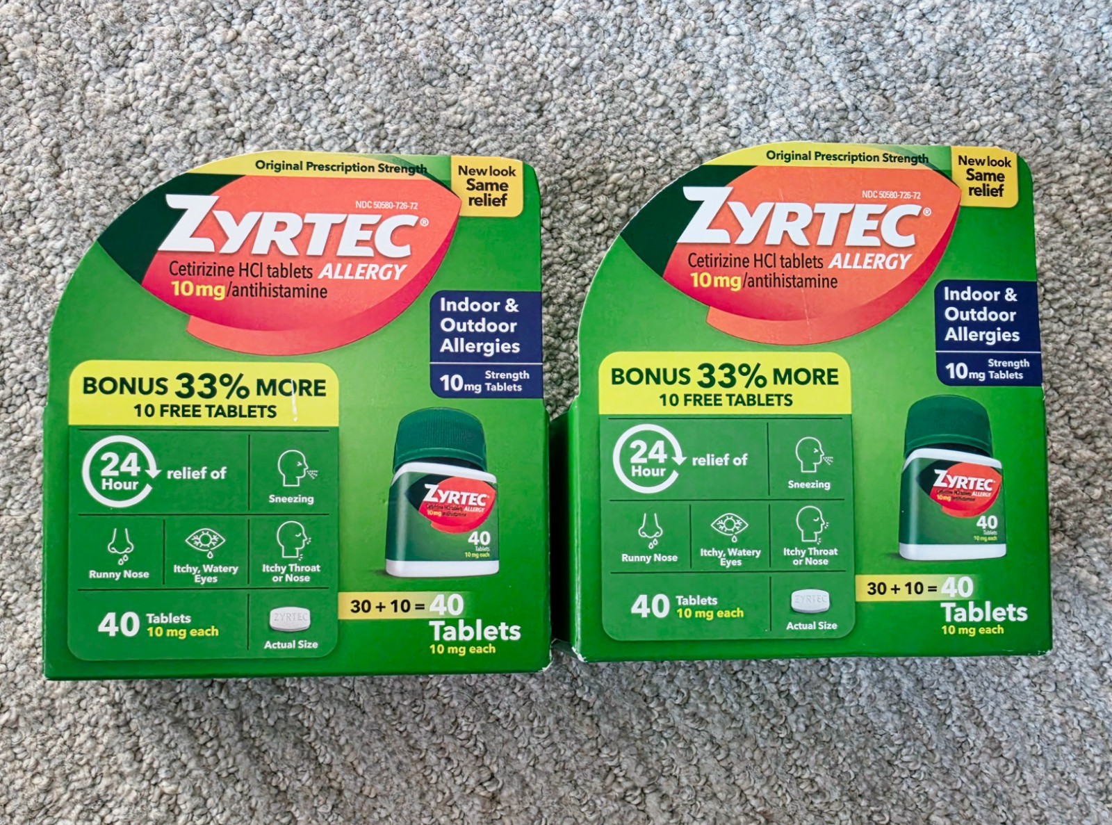 (Lot of 2 – 80 ct) Zyrtec Allergy Relief 10mg Tab 40/ct EXP 05/2028, 11/2027