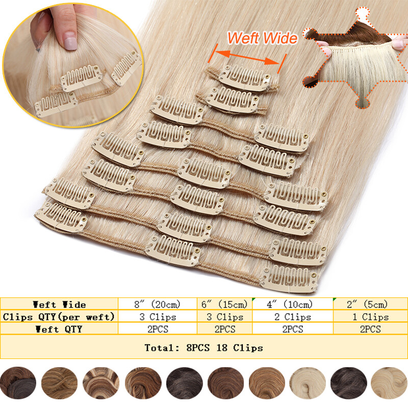 8Pieces 18Clips Natural Real Human Hair Extensions Clip In Long Full Head 8-24″