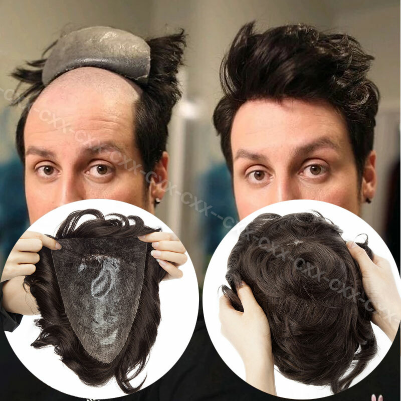Mens Human Hair Replacement Ultra Thin Skin Toupee Hairpiece PU System Wig Bald