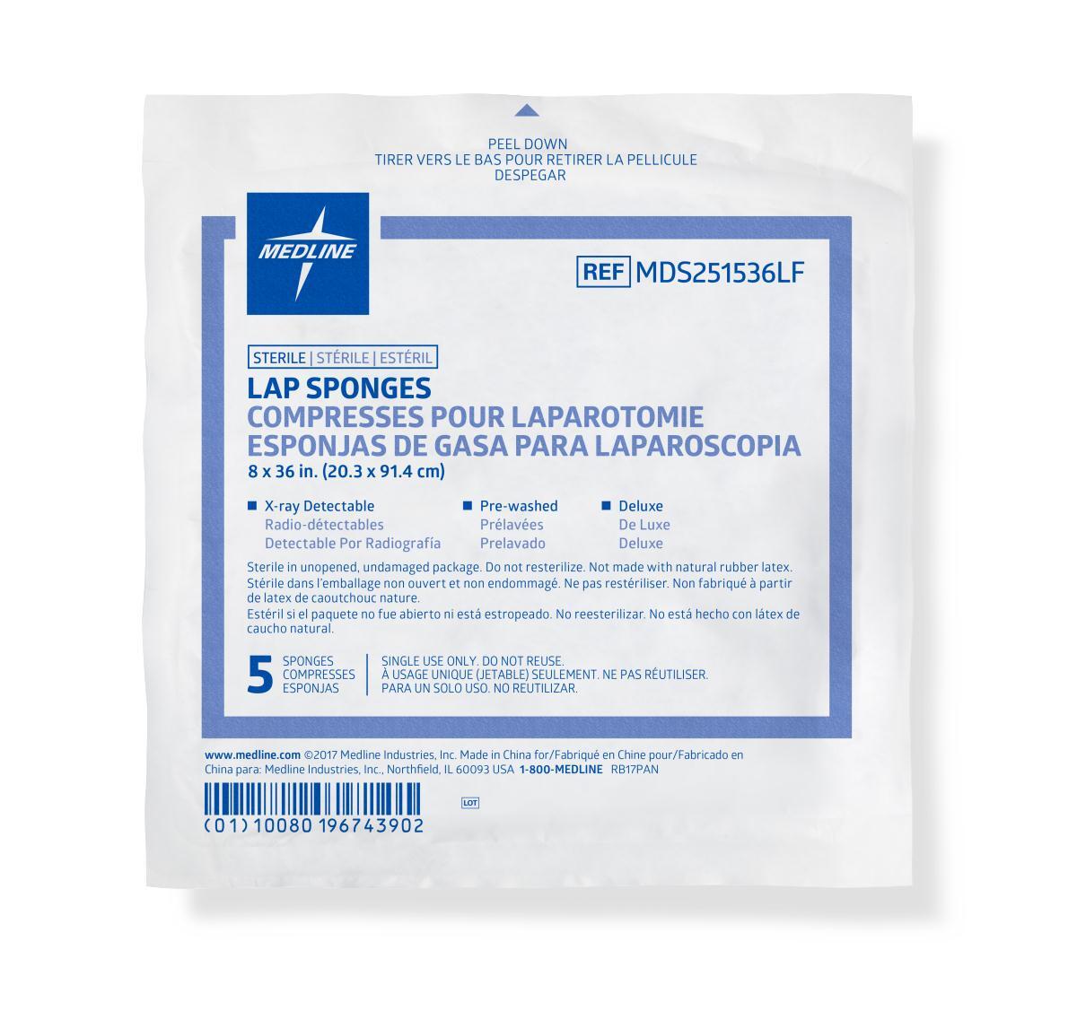 X-Ray Detectable Sterile Lap Sponge, 8″ x 36″, 5/Pack, Case of 200