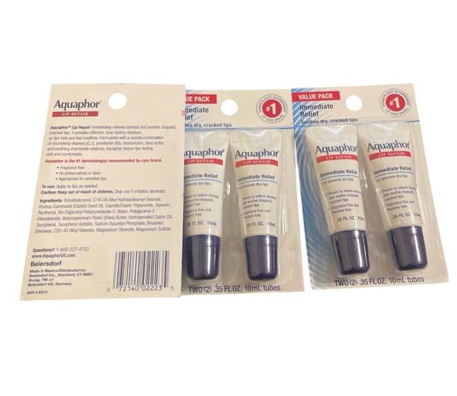 Lot of 3 Aquaphor Lip Repair Ointment Immediate Relief 2-Packs (6 Tubes) New