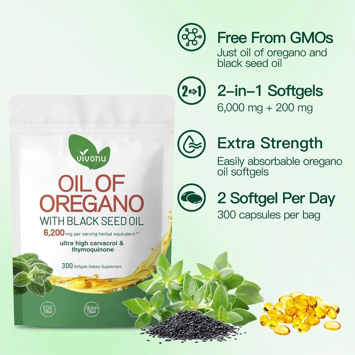 Oil of Oregano with Black Seed Oil Softgels 6200mg,High Carvacrol & Thymoquinone
