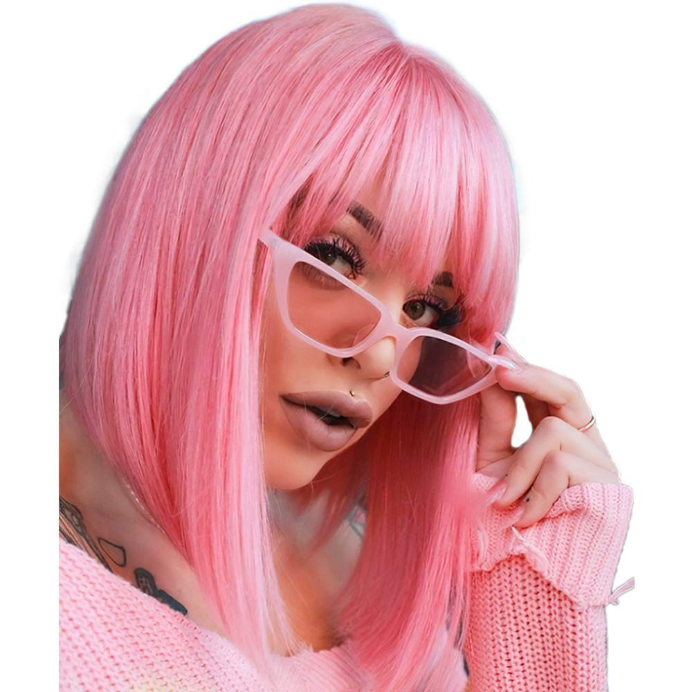 Pink Bob Wigs with Bangs 12 Inch Short Straight Bob Wigs Synthetic Cosplay Party